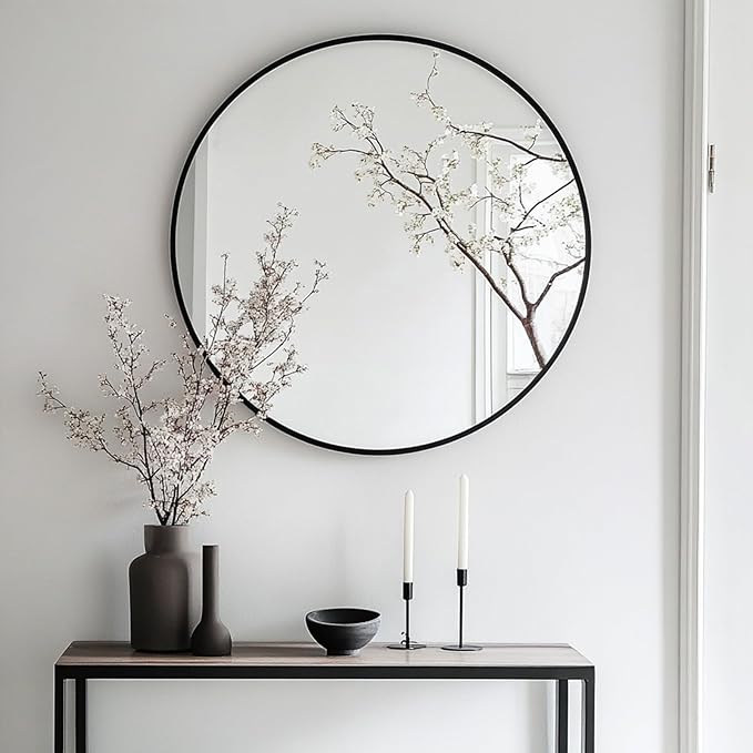 Oruii Round Mirror 30 inch, Large Black Circle Mirror Metal Frame, Large Black Circular Mirrors for Living Room, Dining Room, Entryway, Hallway, Foyer, Bathroom, Wall