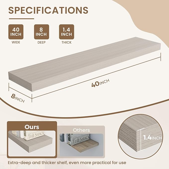 Dreamland Deep Floating Shelves, 8" Deep Long Shelves Set of 2, 40 Inches Floating Shelf for Wall,Large Display & Storage Shelf for Bathroom Bedroom Living Room Kitchen Office, Grey