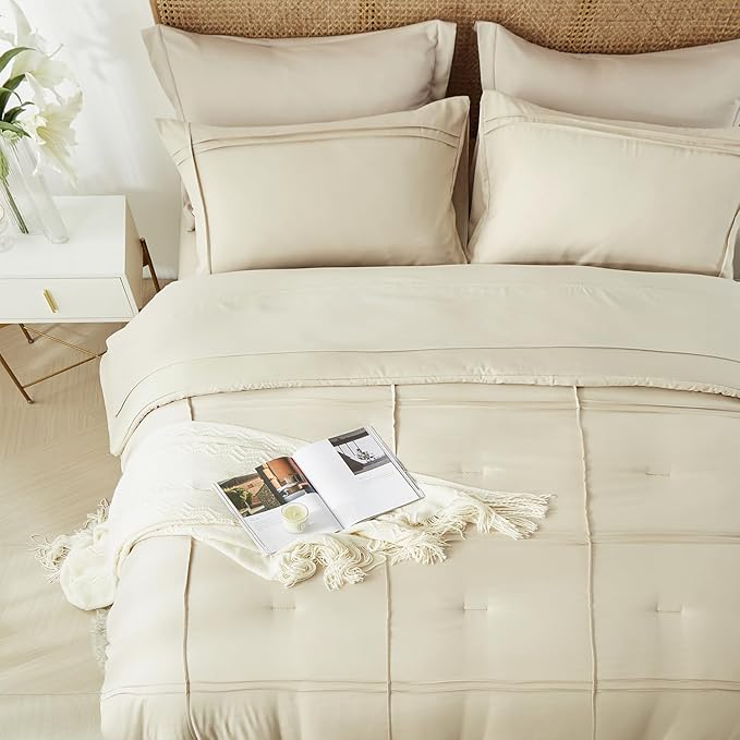 Yogeneg Queen Comforter Set 7 Piece Bed in a Bag,Grid Pinch Pleat Beige Bedding Set,Striped Textured Soft Microfiber Comforter with Sheet Set,All Season Complete Bed Set(Beige,Queen)
