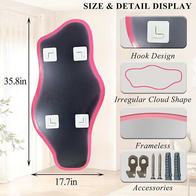 Irregular Wall Mirror, 35.8"x17.7" Asymmetrical Tempered Glass Mirror, Modern Frameless Organic Shaped Mirrors for Entryway Bedroom Living Room Bathroom, Horizontal or Vertical Hanging