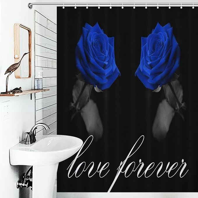 Blue Rose Flower Shower Curtain Vintage Valentine's Day Love Forever Rose Floral Modern Waterproof Shower Curtains for Bathroom Decor 12 Pack Hooks 55x72in（140x183cm）