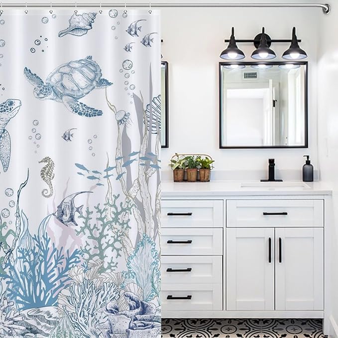 Nautical Coastal Shower Curtain,Summer Blue Sea Turtle Seashell Starfish Underwater Ocean Animal Themed Bathroom Decor Set with Hooks,72x84Inch
