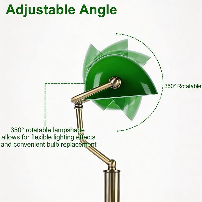 Vintage Bankers Lamp, Green Glass with Antique Brass Finish, USB & Type-C Charging Ports, 3-Way Dimmable Touch Control Desk Lamp for Home Office, Piano, Library (Brass+Green)