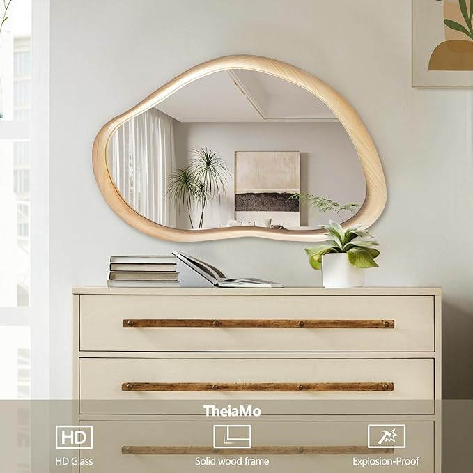 35"x24" Wood Wall Mirror, Rustic Asymmetrical Bathroom Mirror with Wood Frame, Farmhouse Vanity Mirror for Living Room, Bedroom, Entryway, Shatterproof, Vertical/Horizontal, Solid