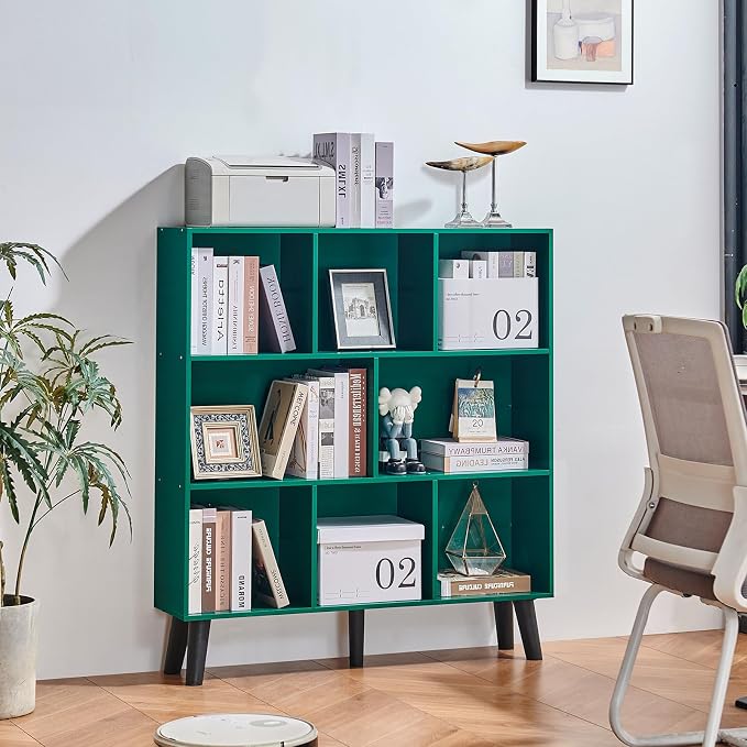 LEYAOYAO 8 Cube Bookshelf,3 Tier Bookcase with Legs,Dark Green Mid-Century Modern Bookshelves,Large Open Storage Organizer Shelf, Wooden Book Case