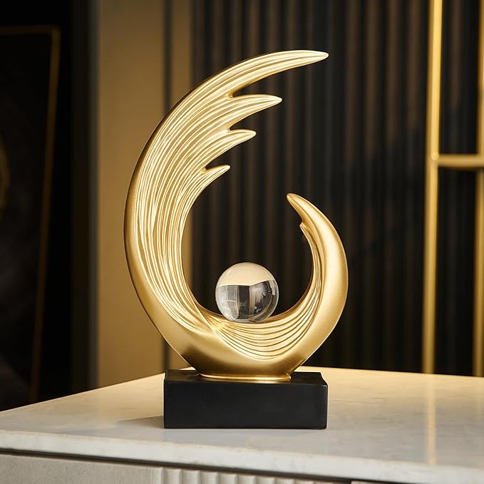 FJS Gold Modern Art Statue Decor, Coffee Table Bookshelf Shelf Decor Accents, Abstract Feather Sculpture Decorations for Dining Room Living Room Office