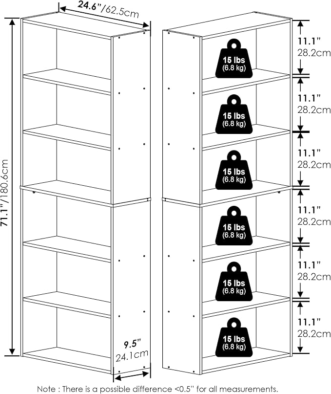 Furinno Jaya Book Shelf Set of 2, 6-Tier Bookshelf, Bookcase, 9.5 x 24.6 x 71, for Home Office, Living Room, Amber Pine