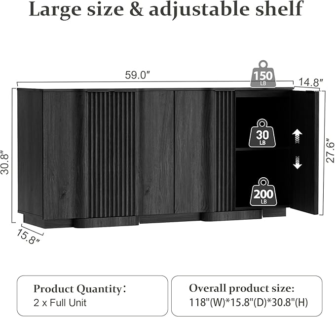 Yechen Buffet Cabinet with Storage, 59" Accent Sideboard Modern Credenza with Doors & Adjustable Shelves Fluted Media Console Wood Coffee Bar Table for Living Kitchen Dining Room Black(4 Door)
