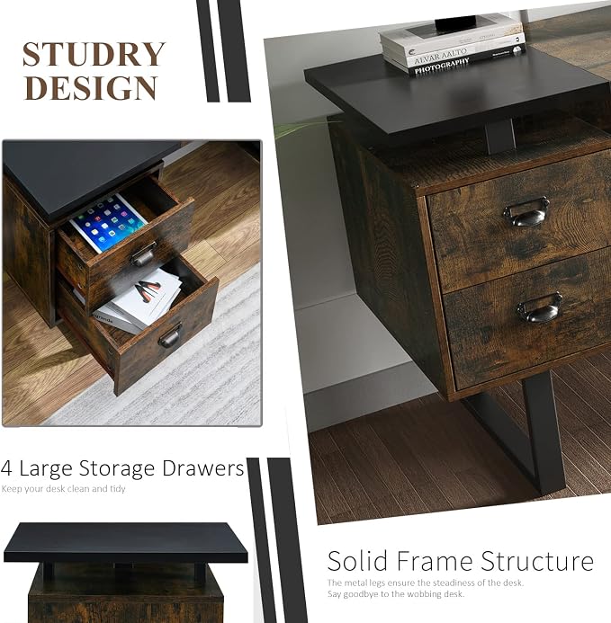 Computer Desk with Drawers 59" L Contemporary Home Office Laptop Desk with Floating Desktop and 4 Storage Drawers Vintage Study Gaming Table with Metal Frame Black & Rustic Brown CTSZ20401CM