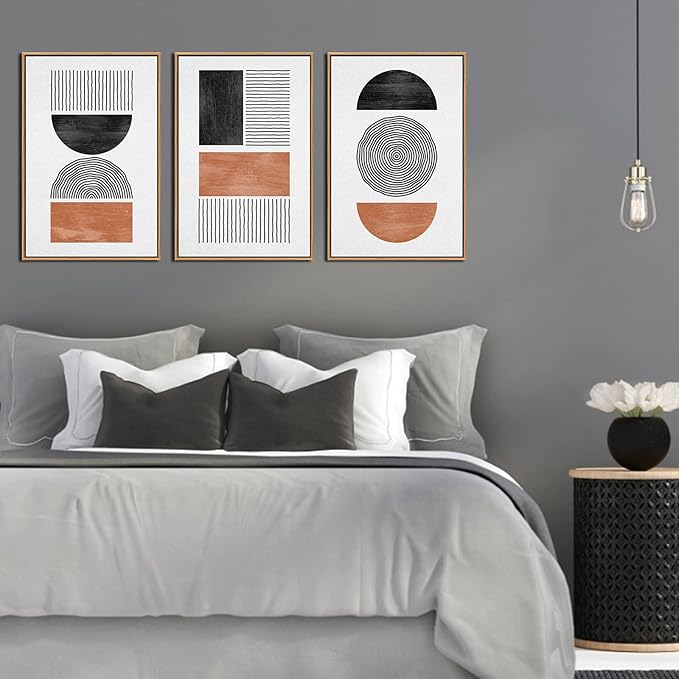 Framed Wall Art Canvas Set Mid Century Boho Pictures Modern Geometric Wall Decor Minimalist Black Brown Bohemian Abstract Painting Artwork for Living Room Bedroom Office 16"x24"x3 Natural