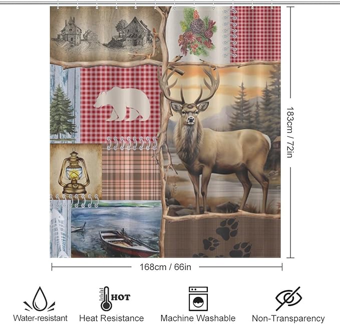 Retro Bear Rustic Shower Curtain, Farmhouse Country Antique Moose Bear Forest Vintage Wood Hunting Camping Waterproof Shower Curtains for Bathroom Decor 12 Pack Hooks 66x72in（168x183cm）