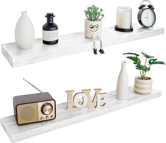 BGMG Wood Floating Shelves for Wall 54 inch Set of 2,White Floating Shelves,Solid Wood Wall Mount Shelves for Bathroom Living Room Bedroom Kitchen Farmhouse -54x 6.7 x1.75 inch