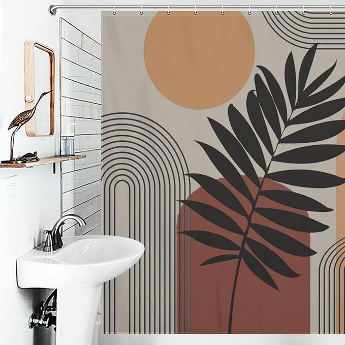 Boho Mid Century Shower Curtain, Sun Brown Leaves Rainbow Color Blocks Modern Artistic Waterproof Shower Curtains for Bathroom Decor 12 Pack Hooks 72x72in (183x183cm)