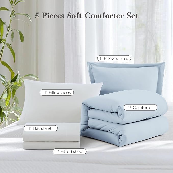 WRENSONGE Twin Comforter Set- 5 Pieces Ice Blue Twin Bed in a Bag, All Season Twin XL Bedding Sets with 1 Fitted Sheet, 1 Flat Sheet, 1 Pillow Sham and 1 Pillowcase