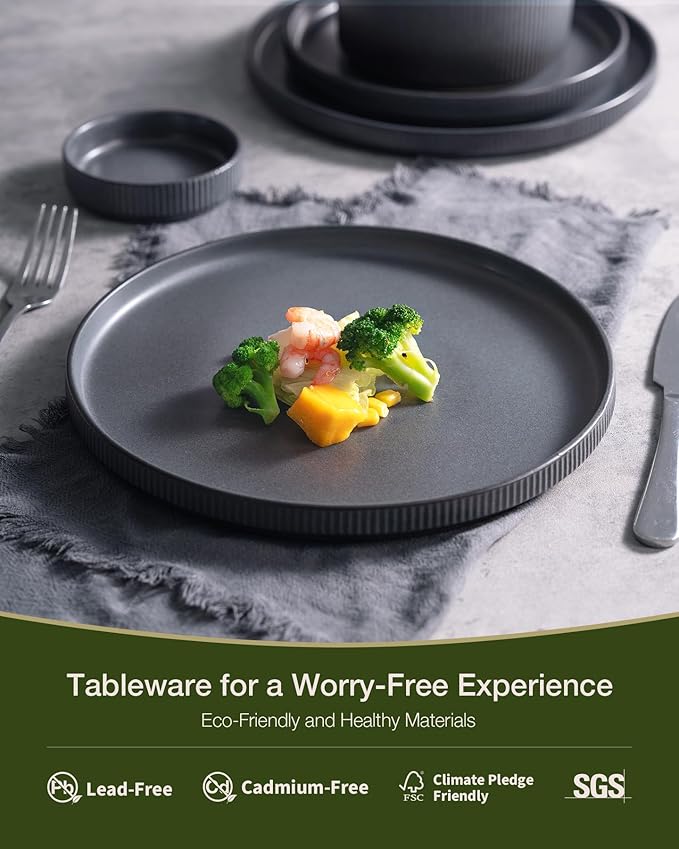 famiware Star Plates and Bowls Sets, Modern Stoneware Dinnerware Sets for 6, 18-Piece Kitchen Dish Set - Chip and Scratch Resistant, Microwave and Dishwasher Safe Tableware, Matte Dark Charcoal