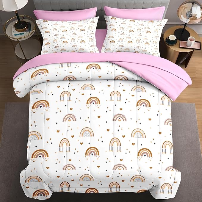 WeCozy 7 Pcs King Size Comforter Set with 2 Pillowcases & 2 Shams, Cute Bohemian Rainbow Bedding for Kids and Adults, Cartoon Boho Nursery Bed in a Bag with Flat Fitted Sheet