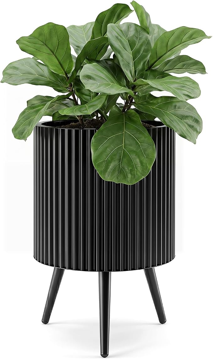 Giantex 14 Inch Plant Pot with Stand, Mid-Century Modern Fluted Planter with Built-in Drainage Holes, Metal Flower Pot with Tapered Legs for Living Room, Office, Porch, Garden