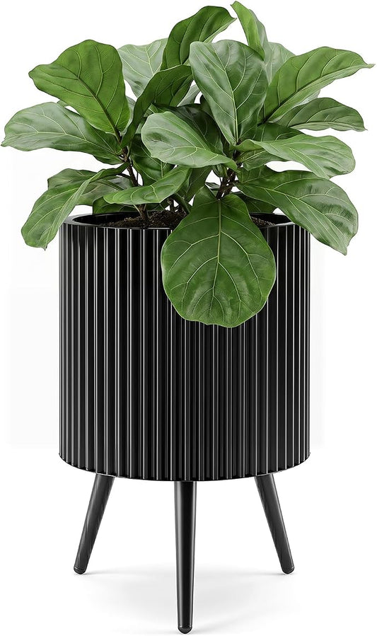 Giantex 14 Inch Plant Pot with Stand, Mid-Century Modern Fluted Planter with Built-in Drainage Holes, Metal Flower Pot with Tapered Legs for Living Room, Office, Porch, Garden