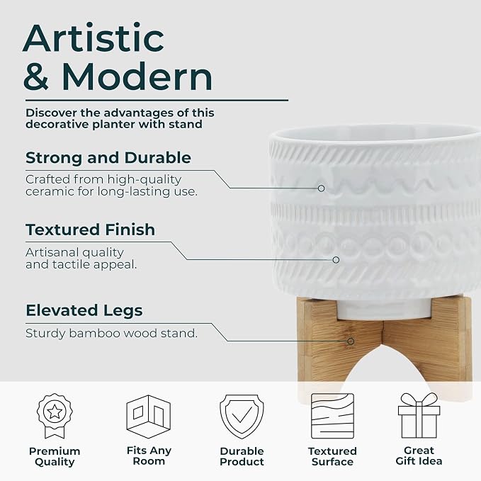 Tribal Look Footed Decorative Planter Pot – Ceramic Stoneware Outdoor and Indoor Plant Pot – Modern Garden and Home Decor Ceramic Planters with Wooden Stand– 8", White