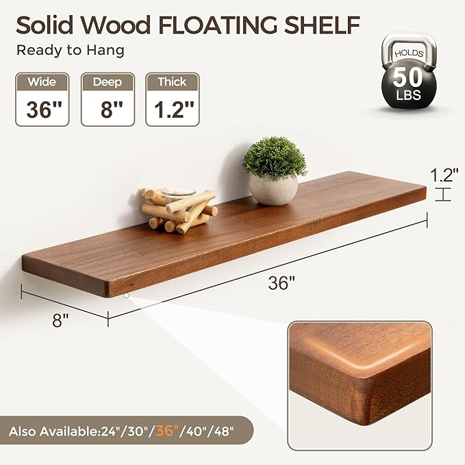 Fun Memories 36 Inch Floating Shelves, Rustic Solid Wood Wall Shelves Set of 2, 8 Inch Deep Floating Shelf for Bathroom, Bedroom, Heavy-Duty Wooden Shelf Wall-Mounted for Home Decor & Storage