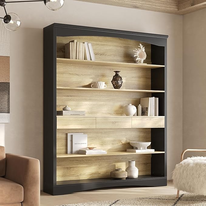 Homsee Traditional 78.7-inch Tall Bookcase Wall, 6-Tier Office Bookshelf Storage Organizer, Display Shelf Unit for Home Office, Living Room, Black & Wood Grain