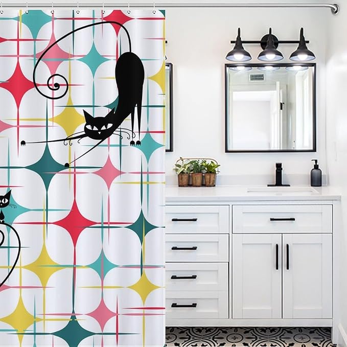Mid Century Black Cat Shower Curtain,Retro Atomic Stars Abstract Iconic 60s Vintage Geometric Fabric Bathroom Decor Curtain with Hooks 66x72in（168x183cm）