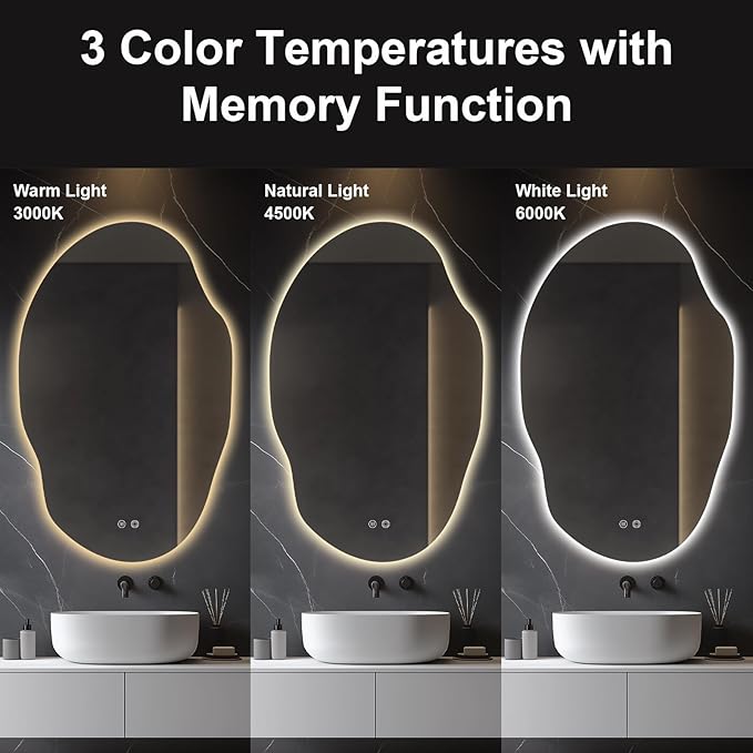 Asymmetrical Bathroom Mirror with Lights,Irregular LED Bathroom Vanity Mirror with Backlit,Anti-Fog,3 Colors and Dimmable Light with Memory,Hardwired Supported[Horizontal/Vertical] 60" H x 36" W