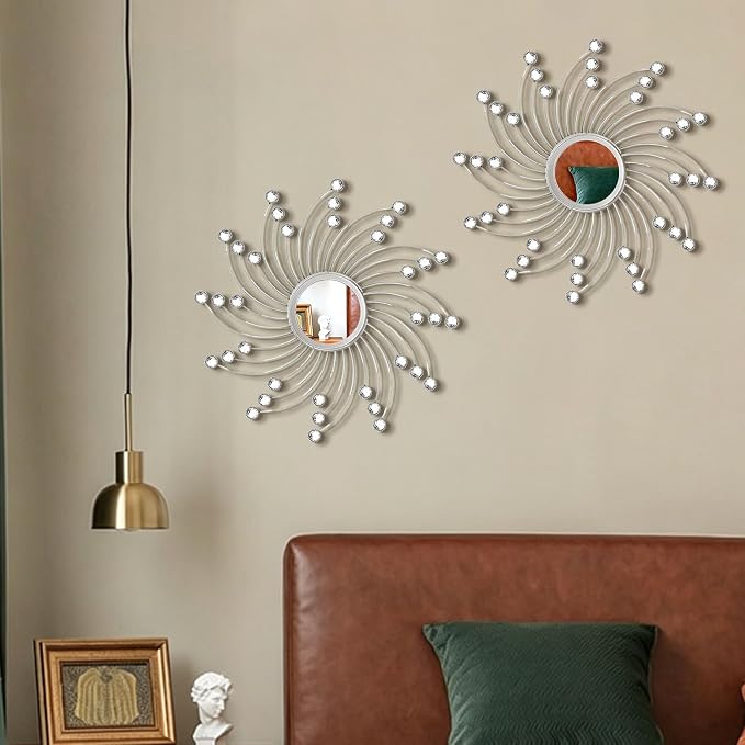 2 Pack Metal Mirrors for Wall Boho Sunburst Wall Mirror Home Decor Modern Decorative Wall Art for Bedroom Living Room Entryway