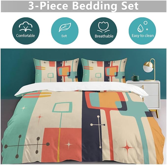 Mid Century Duvet Cover Queen Retro Atomic Bedding Set, Rainbow Grid Comforter Cover Vintage Fifties 1950s Bed Set，Abstract Art Bedding 3 Piece (1 Duvet Cover 79"x90" + 2 Pillow Sham 20"x30")