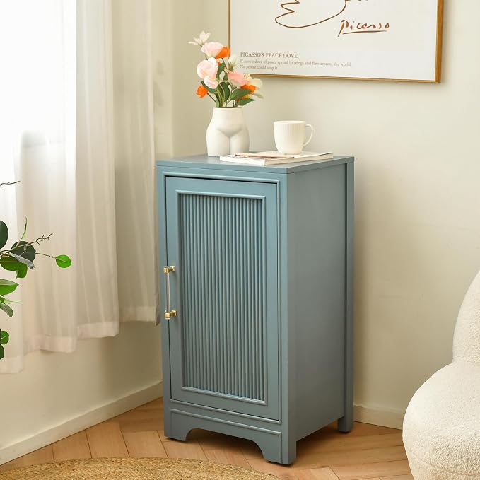 eHemco Azure Grey Ribbed End Table, Side Table with Storage, Modern Retro Style, 18 x 14 x 30.5 Inches