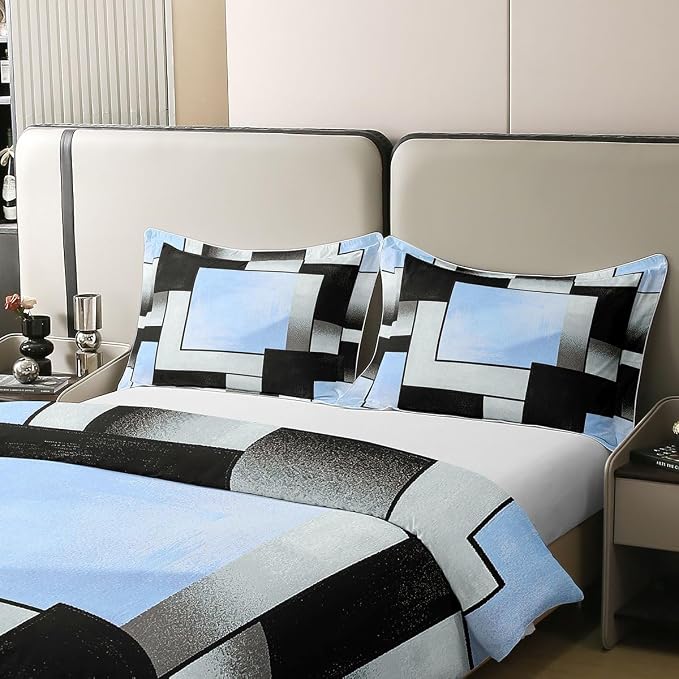 Erosebridal Blue Black Grey Bedding Set Full Square Geometric 100% Cotton Duvet Cover Abstract Grid Patchwork Comforter Cover for Kids Teens Adults Contemporary Mid Century Bed Set 3 Pcs