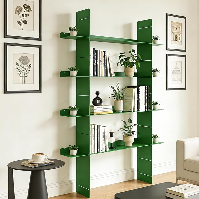Metal Wall Mounted Floating Book Shelf, 4 Tier Storage Shelves, Easy Installation Display Shelf，Including 2 uprights+4 Shelves ，Storage Unit for Students, Housewives, and Collectors (Green)