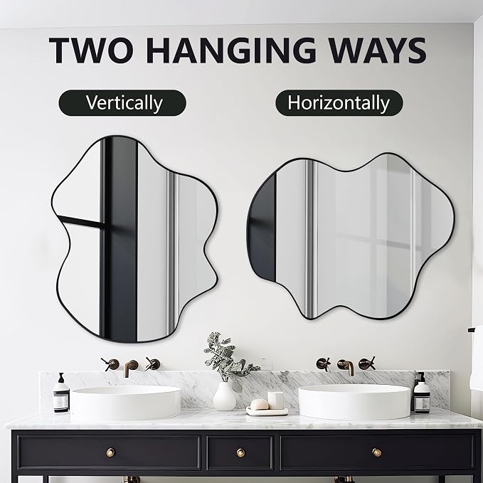 Tanmicoshomy Black Bathroom Mirror 22x30 Inch, Asymmetrical Wavy Wall Mirrors for Bathroom, Bedroom or Living Room, Vertical or Horizontal Hanging
