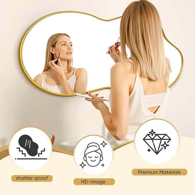 Suidia Irregular Wall Mirror, 40"x26" Bathroom Mirror Asymmetrical Mirrors Artistic Mirrors Decorative for Living Room Bedroom Bathroom Hallway Entryway, Gold, Cloud Style
