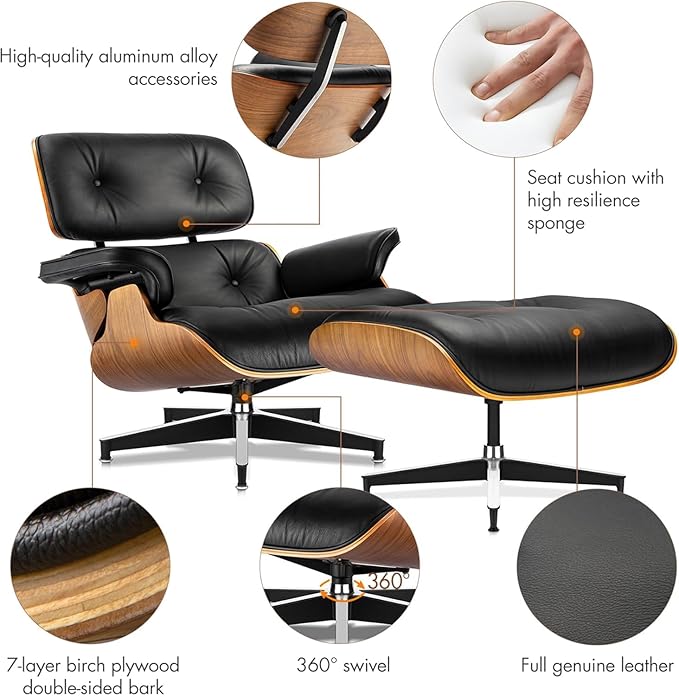 Mid Century Chaise Lounge Chair and Ottoman, Reading Chair, Leather Accent Chair, Modern Chair, Classic Design, Heavy Duty Base Support for Living Room Lounge Office (Walnut-Black, Tall)