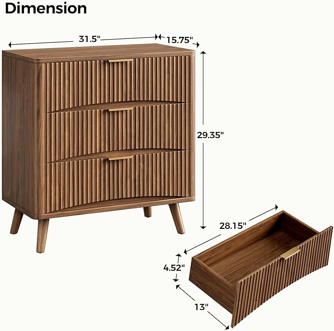 Evermagin 31.5" W Oversized Fluted Nightstand, Mid Century Modern 3 Drawer Night Stand, Small Wood Dresser for Bedroom, Large Bedside Table with Storage, Walnut