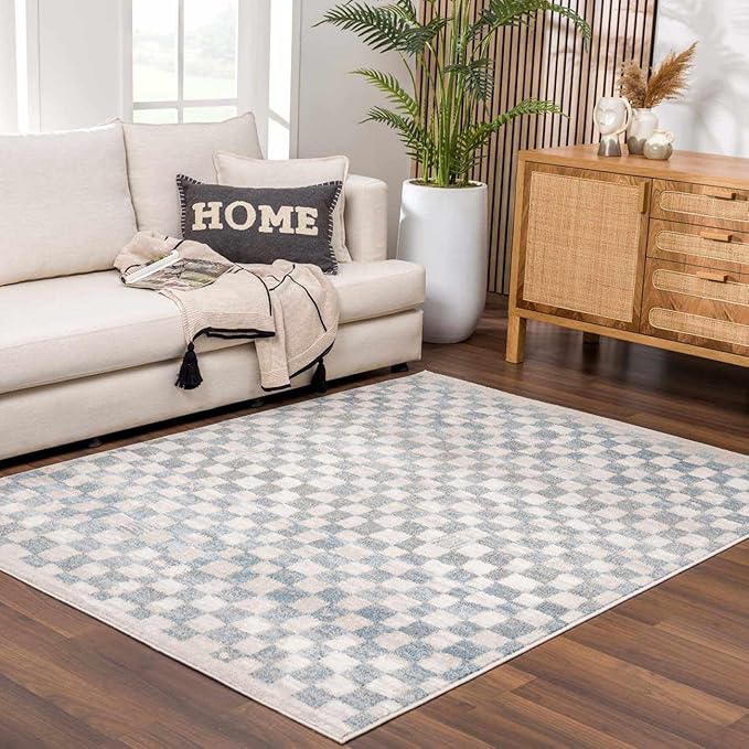 Hauteloom Logic Living Room, Bedroom Area Rug - Checkered Checkerboard Geometric Square - Contemporary Modern Minimalist Transitional Scandinavian - Cream, Silver Blue, Light, Blue, Gray - 2' x 3'