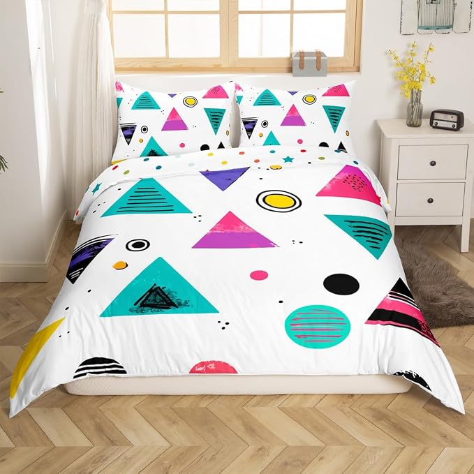 80s 90s Bedding Set Memphis Pattern Old Fashioned Comforter Cover King,Geometric Abstract Colorful Dots Funky Duvet Cover Retro Bed Set,Multicolor Cute Vintage Rainbow 80'S Style 1980S Home Decor