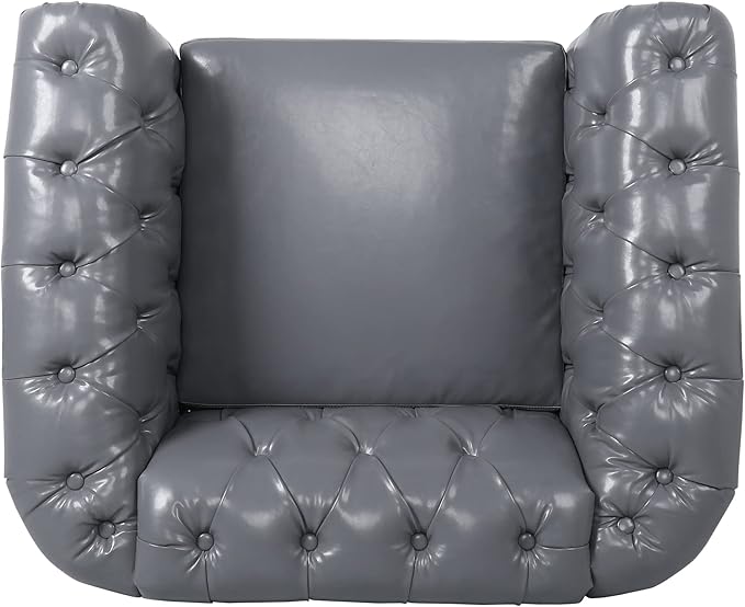 LEVNARY Leather Upholstered Armchair, Mid-Century Modern Single Sofa Chair with Rolled Arms and Nailhead, Tufted Pu Leather Chesterfield Chair for Home Bedroom Reading Room (Gray)