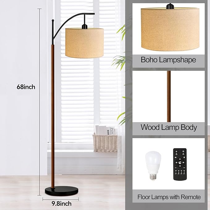 ILLMTW Arc Floor Lamp for Living Room,Bedroom,Vintage Mid Century Modern Standing Lamp with Remote Dimmable,Wood Boho Black Tall Lamp Fabric Lamp Shade Floor Lights Bohemian Tiffany Style