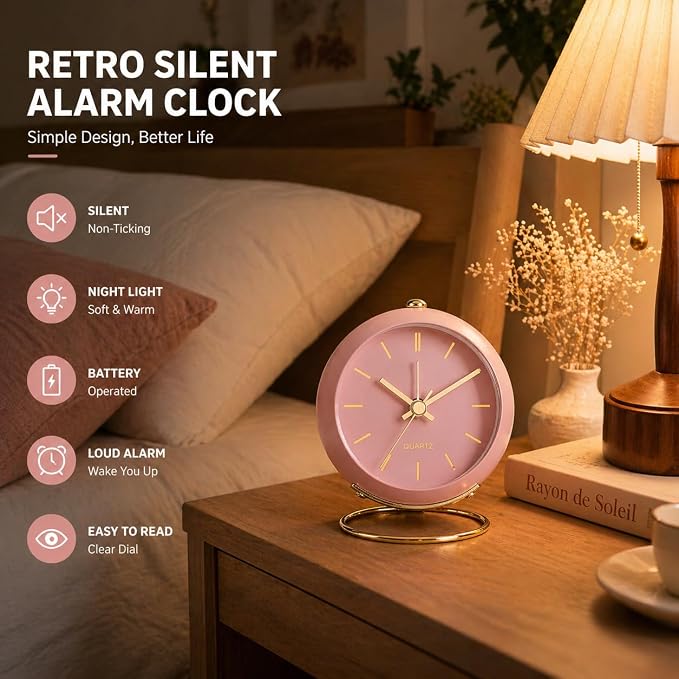 AYRELY® Battery Operated Desk Alarm Clocks with Light,Retro Silent No Ticking Analog Small Clock,Loud Table Clock for Bedside/Bedroom/Kitchen/Office/Travel/Kids/Room Decor Aesthetic Vintage(Pink)