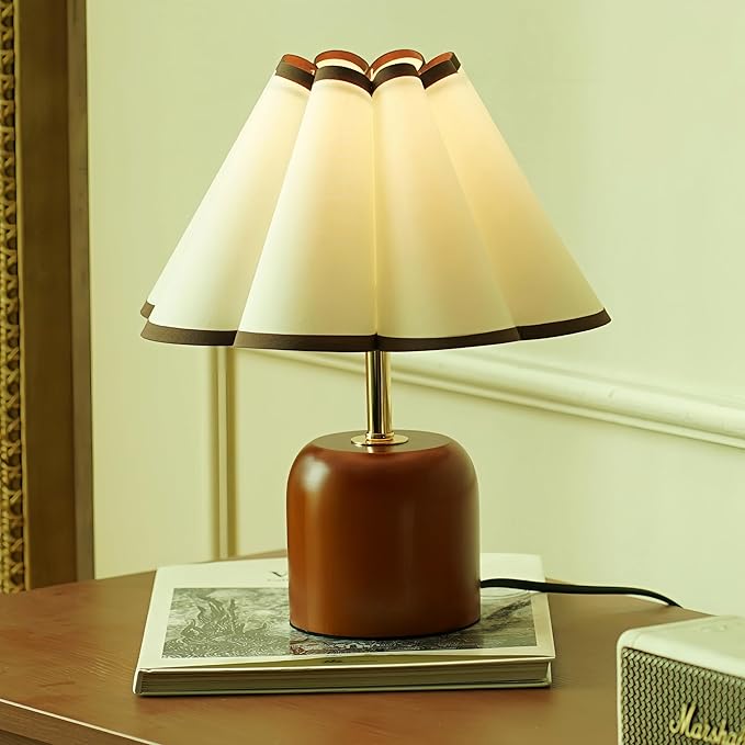 Cute Small Table Lamp, Vintage Mid Century Modern Bedside Nightstand Lamp with Coffee Fabric Lampshade,Solid Wood Base Brown for Bedroom Home Office Decor (Without Buld)