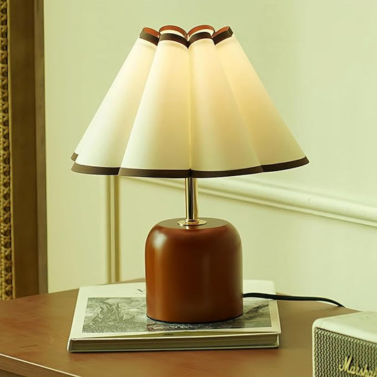 Cute Small Table Lamp, Vintage Mid Century Modern Bedside Nightstand Lamp with Coffee Fabric Lampshade,Solid Wood Base Brown for Bedroom Home Office Decor (Without Buld)