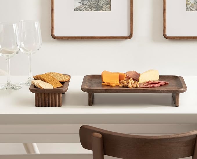 Kate and Laurel Risecroft Modern Two-Piece Ribbed Elevated Tray Set, 2 Piece Set, Walnut Brown, Mid-Century Food-Safe Serving Trays for Use as Charcuterie Board Set or Sponge Holders