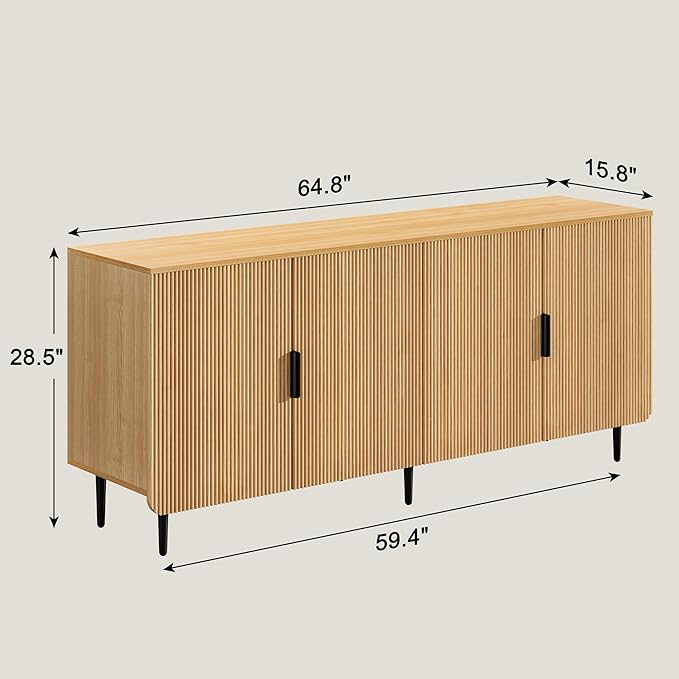 65" Fluted Sideboard Buffet Cabinet with Storage, Console Cabinet with 4 Doors & Adjustable Shelves, Modern Buffet Table for Kitchen Dining Living Room Hallway‌ Entryway, Natural