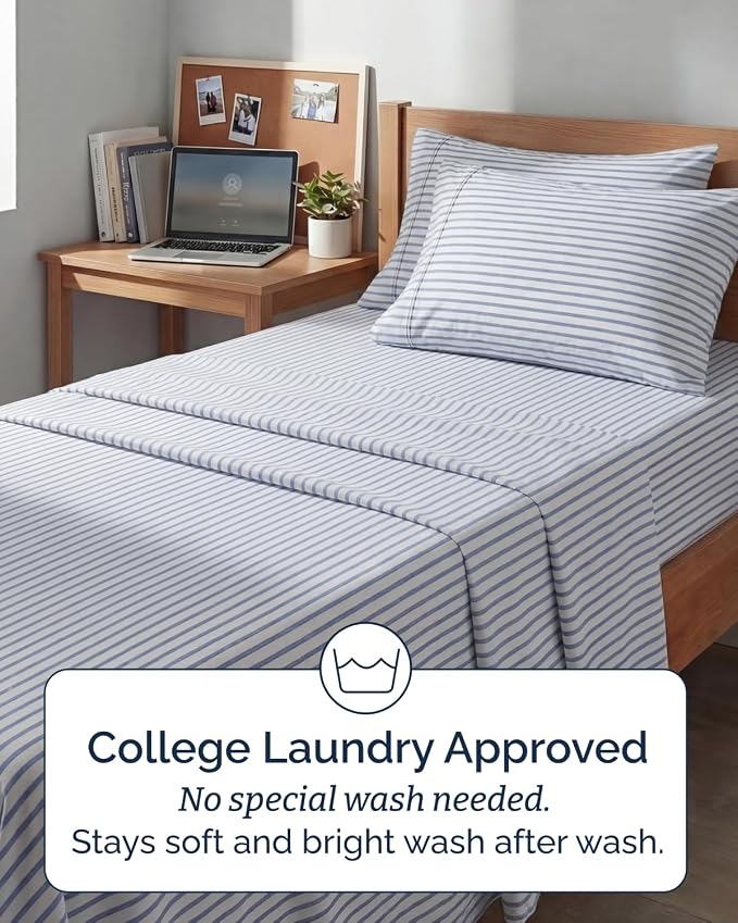 Extra Deep Twin XL Sheet Set - 4 Piece College Dorm Bed Sheets Set with Extra Deep Pockets - Ultra-Soft, Comfy & Breathable Bedding for Women, Men, Kids & Teens - Wrinkle & Fade Free - Blue Stripes 2
