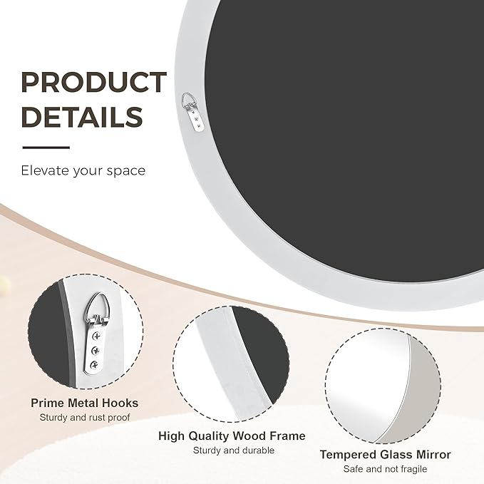 White Round Bathroom Mirror 30 Inch,White Wood Framed Circle Mirrors with Tempered Glass for Bedroom Living Room or Entryway Modern Wall Decor