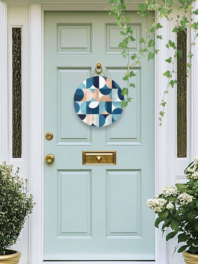 Welcome Sign for Front Door Mid Century Geometric Wood Door Hanger for Outdoor Outside Porch,12 Inch Round Wooden Wreath Indoor Wall Hanging Decoration, Abstract Modern Blue