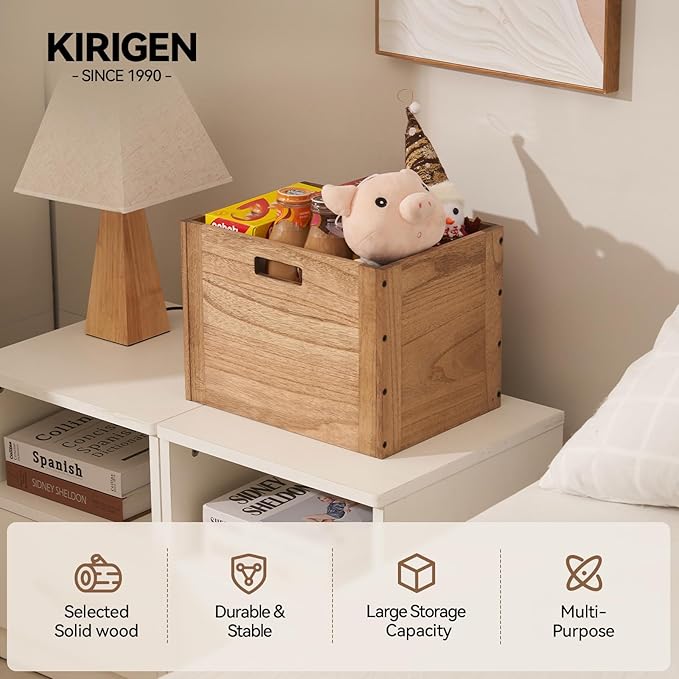 KIRIGEN Stackable Wood Storage Cube /Basket/ Bins Organizer for Home Books Clothes Toy Modular Open Cubby Storage System - Office Cubical Bookcase Closet Shelves C26-DBR