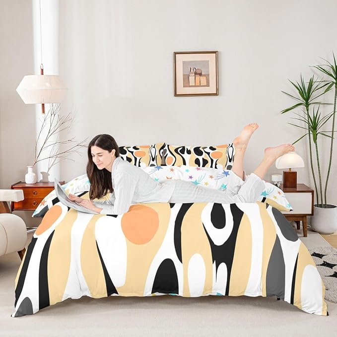 Erosebridal Organic Abstract Duvet Cover Set Modern Contemporary Full Size Bedding Sets for Tween Boys Girls Boho Mid Century Wavy Lines Comforter Cover Retro Geometric Bed Set,Light Beige Peach